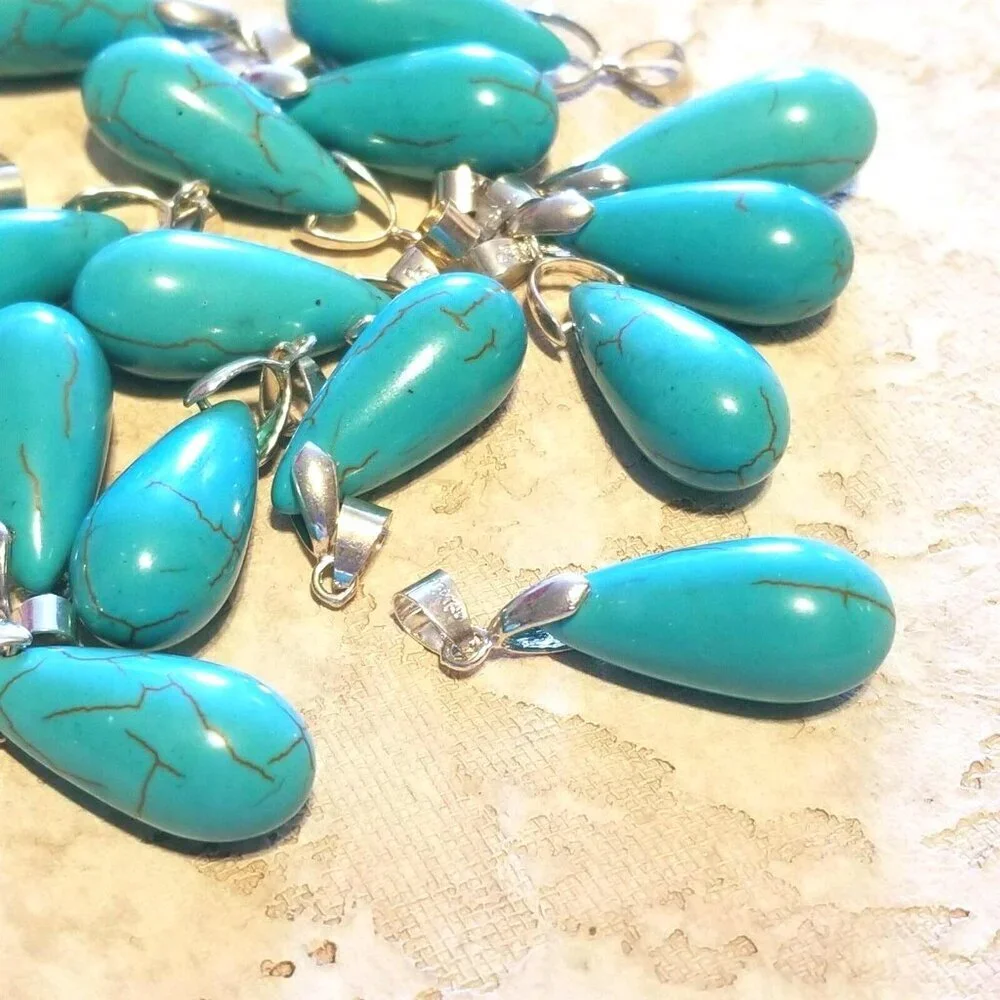 Turquoise Magnesite Teardrop Gemstone Pendant 37x12mm 18K WG Plated Bail 1 pc